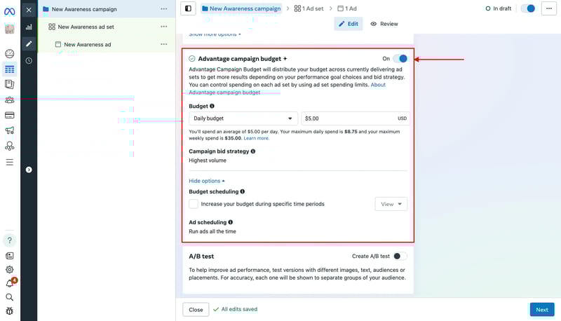 Advantage campaign budget